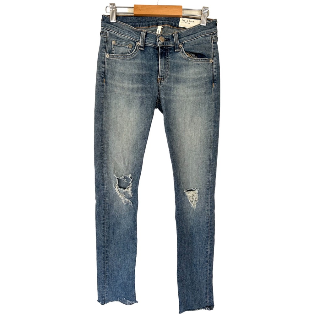 Rag & Bone Murray Distressed Skinny Jeans Blue Medium Wash Raw Hem Size 26